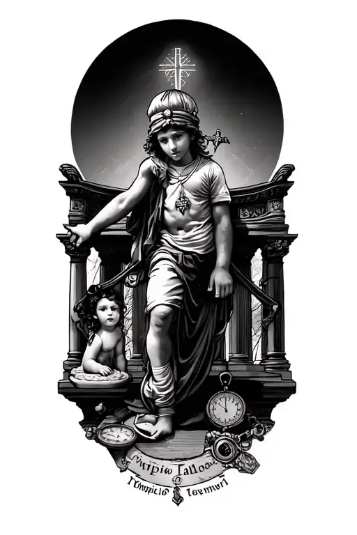 scale traveled by a child who takes him to the Olimpio Templio, with a watch and other objects around indicating the ino tattoo design idea