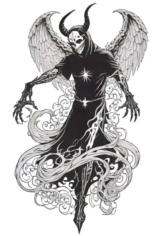 full body image of a haunting shadow figure with devil horns, glowing white eyes depicting death and big devilish wings  tattoo design idea