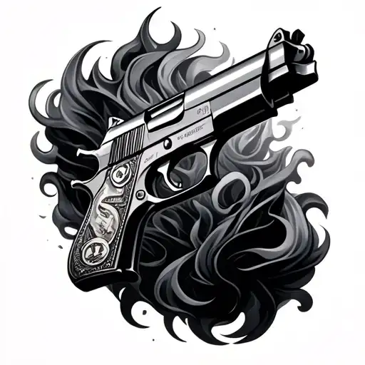 gun Draco with money sign in smoke tattoo design idea