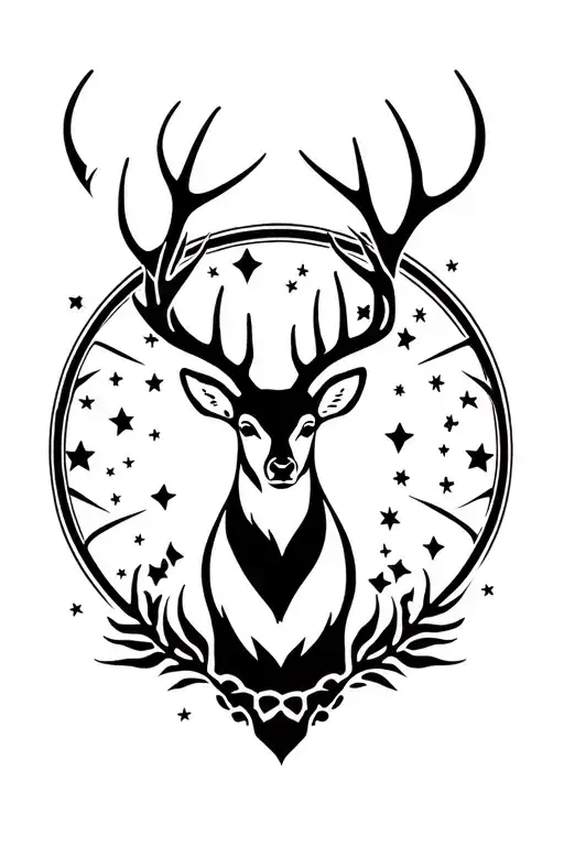 deer, stars, big antlers intertwined tattoo design idea
