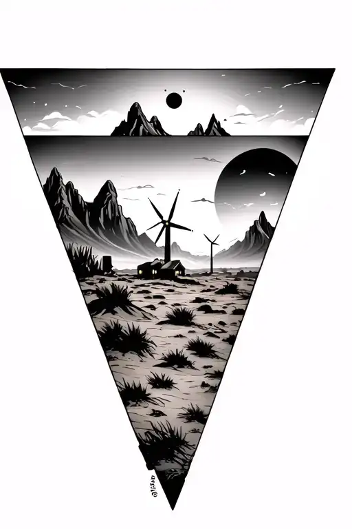 3 triangles with desert mountains and windmills tattoo design idea