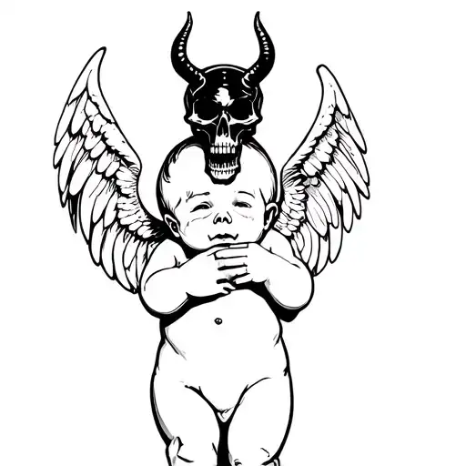 angel baby holding a devil skull on its head  tattoo design idea