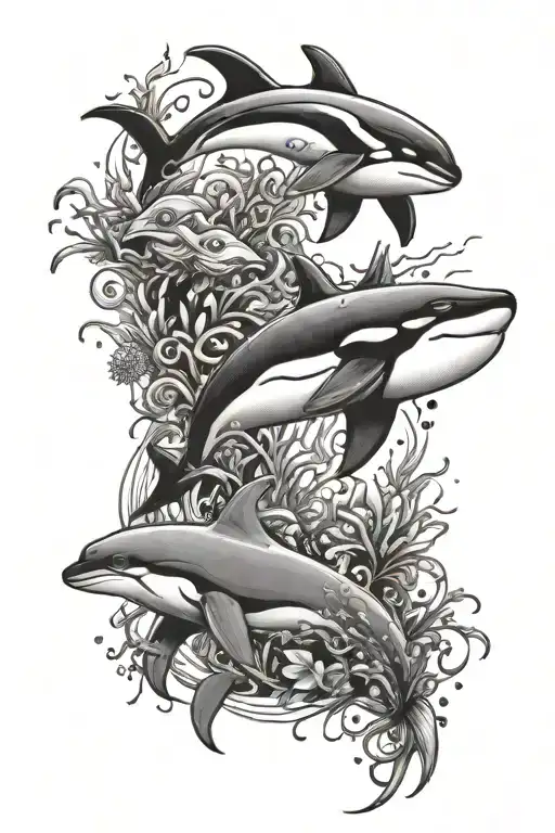 An under the sea tattoo including orca, clownish, jelly fish,  shark, turtle and manta ray. Coral tattoo design idea
