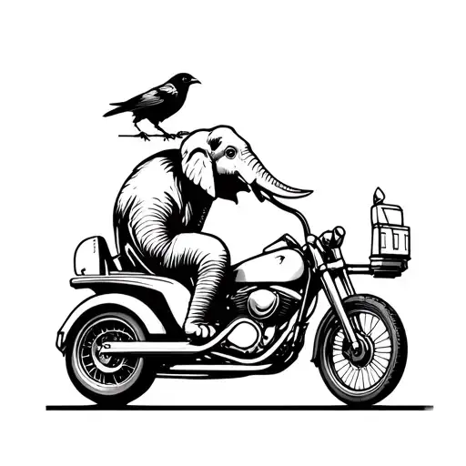 Elephant riding motorcycle and a crow riding in the attached motorcycle sidecar tattoo design idea
