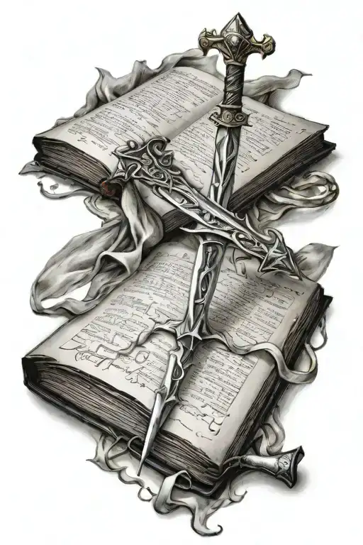 fantasy sword stabbing through open spell book open in front tattoo design idea