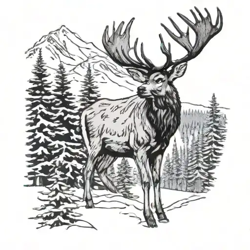 A majestic mule deer standing in a snowy forest, with a raven perched on its antlers tattoo design idea