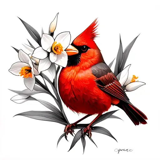 red cardinal with narcissus flower  tattoo design idea