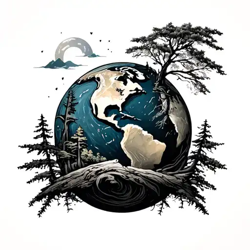 forest travelling 666 earth globe tattoo design idea