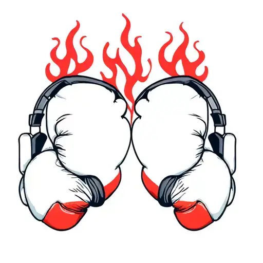 A pair of boxing gloves, flames, a claw mark, and headphones tattoo design idea