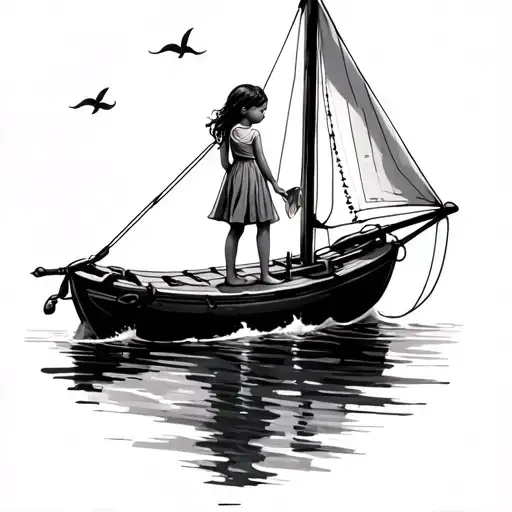 little girl standing on the sailboat floating tattoo design idea
