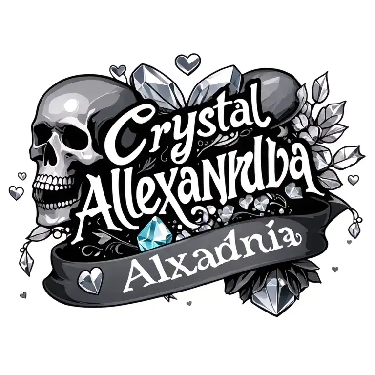 "Crystal Alexandra" skulls and crystals and hearts behind the name "Crystal Alexandra" tattoo design idea
