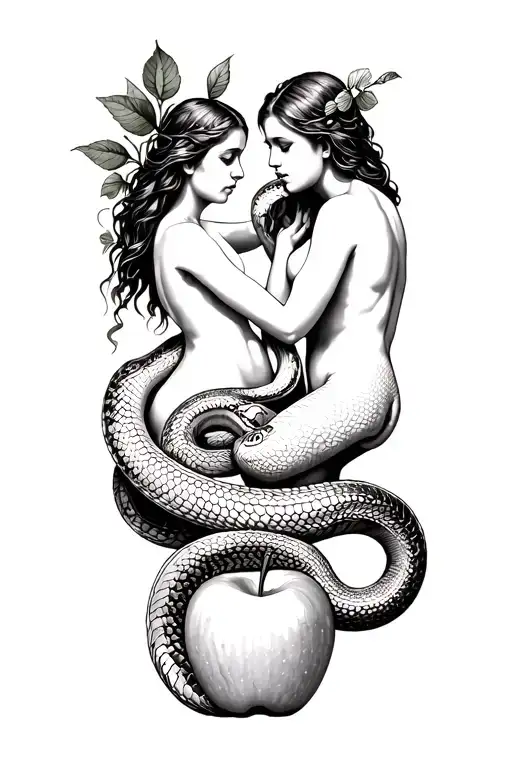 Adam and Eve, garden of eden, snake, apple, sin tattoo design idea