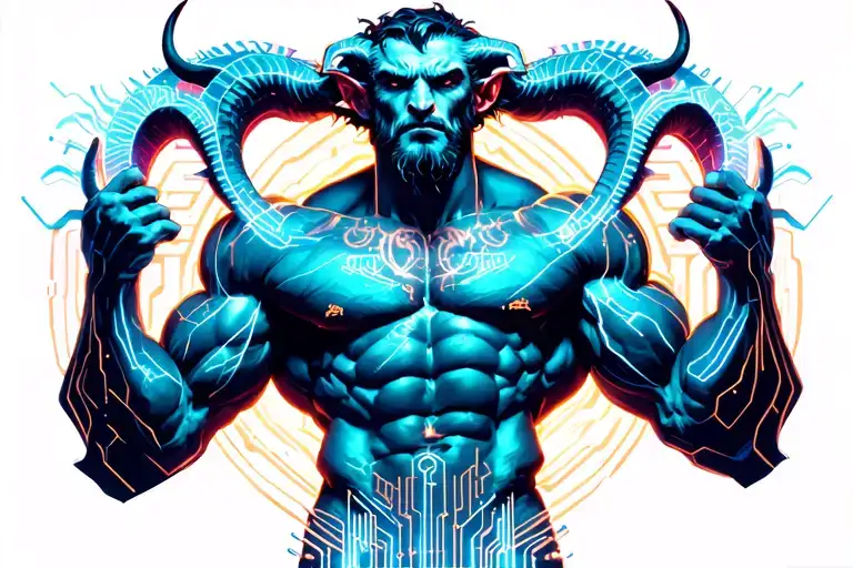 gay male horned satyr with massive bodybuilder muscles. constellations, incubus demon, musclepig, gyno big nipples tattoo design idea