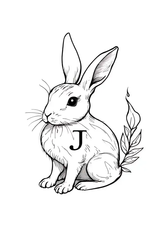 fire rabbit zodiac symbolism with leaf and letter J tattoo design idea