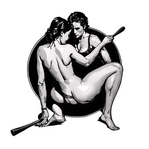 bdsm woman spanking man over her knee holding a paddle tattoo design idea