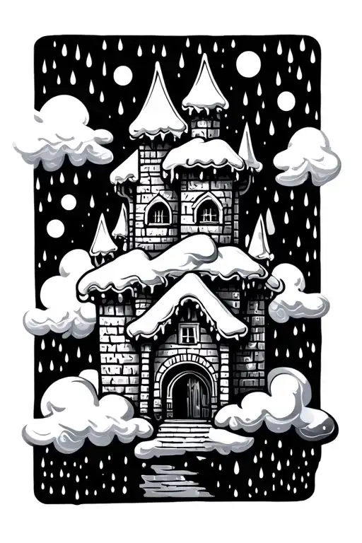 a small castle made up of ice cream that is sitting upon clouds that have snow and rain falling from them tattoo design idea