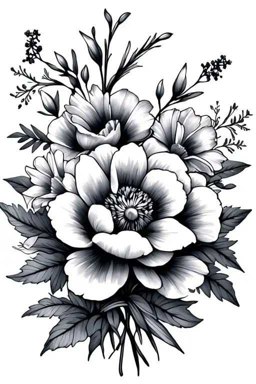 black and gray flower bouquet with feb violet, july larkspur, aug gladiolus and nov peony tattoo design idea