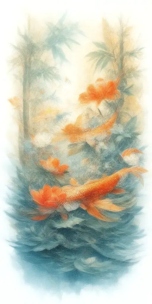 traditional scenario of nature inspired by Buddhist symbols. include bamboo, lotus, koi fish representing a spiritual  tattoo design idea