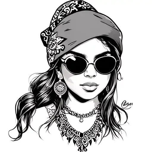 Chicano girl with bandana and sunglasses tattoo design idea