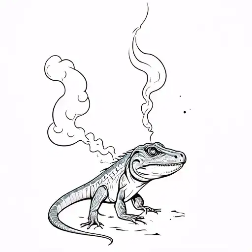 Lizard smoking a joint surrounded by smoke clouds tattoo design idea