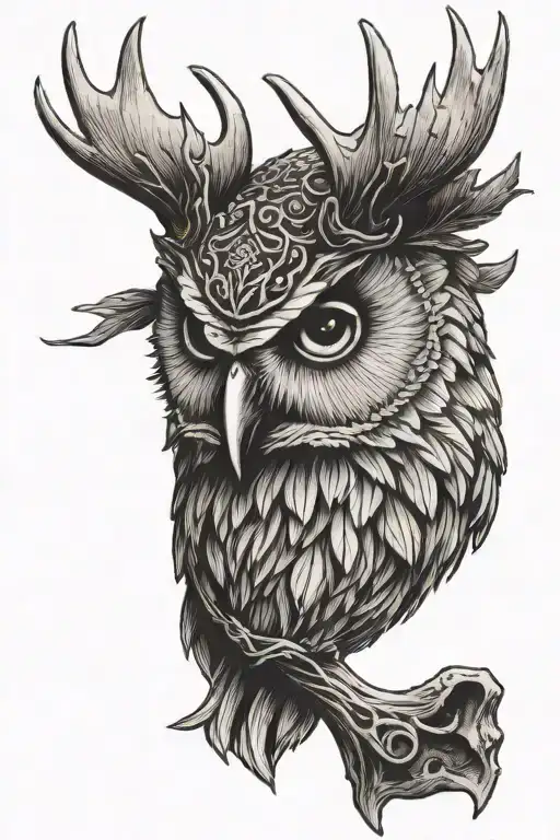 owl skull with moose antlers  tattoo design idea