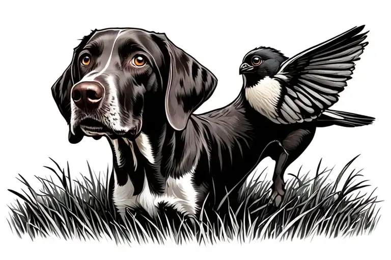 side view German shorthair pointer in a field pointing bird neo trad design tattoo design idea