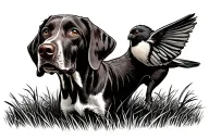 side view German shorthair pointer in a field pointing bird neo trad design tattoo design idea