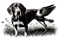 side view German shorthair pointer in a field pointing bird neo trad design tattoo design idea