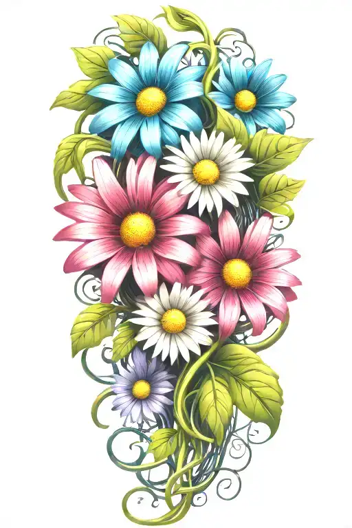 Colorful daisies  intertwined around a vine tattoo design idea