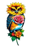 owl roses and sunflowers cartoon character tattoo design idea