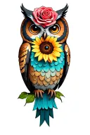 owl roses and sunflowers cartoon character tattoo design idea