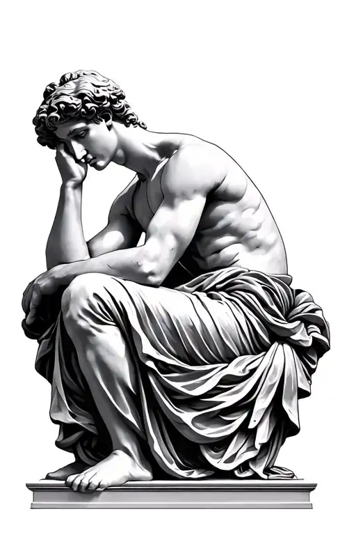 Neo-classical black and grey tattoo design, soft shaded and elegant. A marble statue of a young man seated in thought, h tattoo design idea
