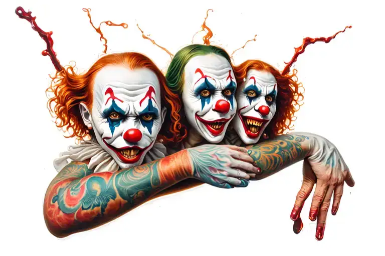Psycho Clowns on leg sleeve tattoo design idea