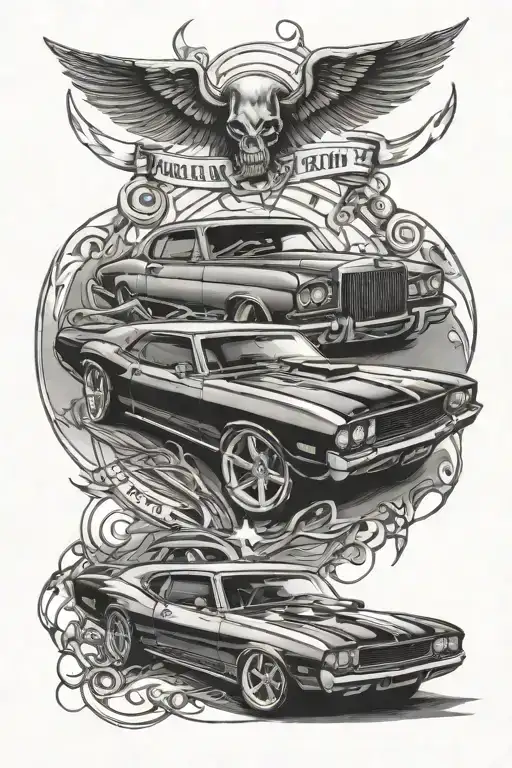 whiskyglass and muscle car tattoo design idea