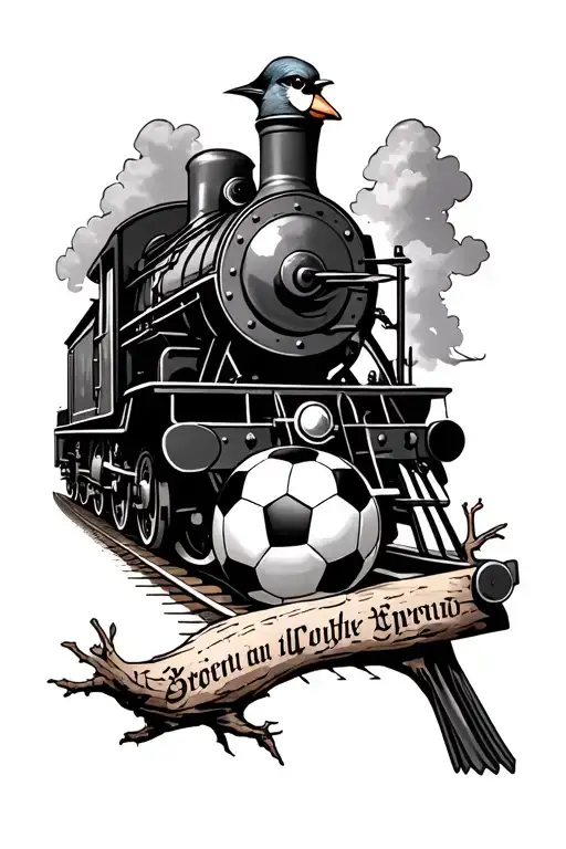 A realistic old steam train, a robin on a branch, an old soccer ball and a latin inscription tattoo design idea