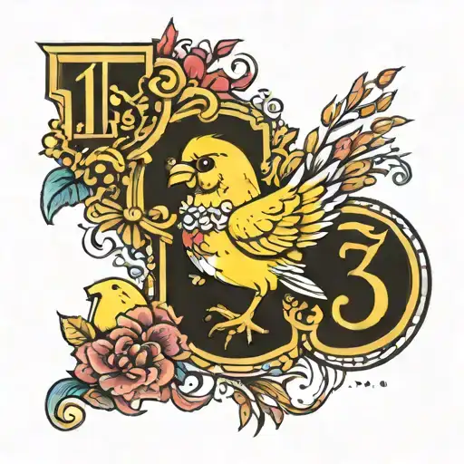 children's yellow chick and number 13 incorporated tattoo design idea