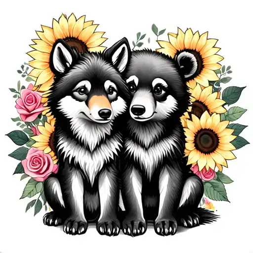  cute baby wolf and bear sitting with sunflowers and roses. black tattoo design idea