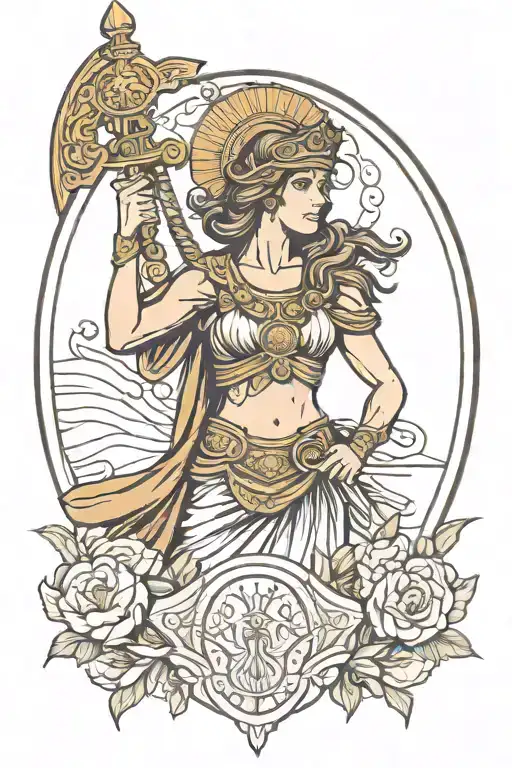 athena greek goddess with shield and sword  tattoo design idea