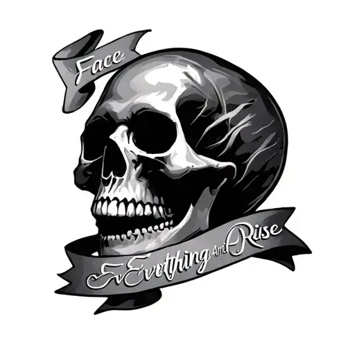 A dark smoky skull with a ribbon saying "Face Everything And Rise" tattoo design idea