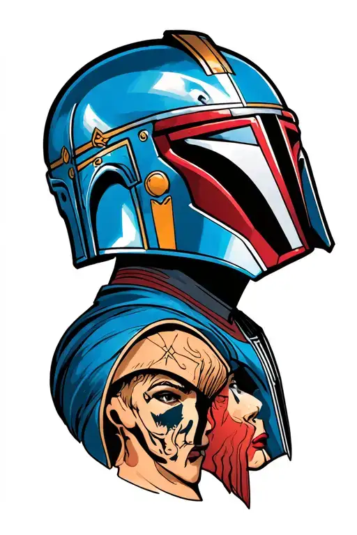 bo katan and mandalorian helmets head to head tattoo design idea
