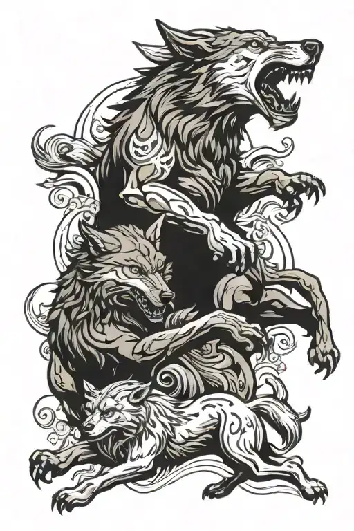 a wolf fight the god and wolf win tattoo design idea