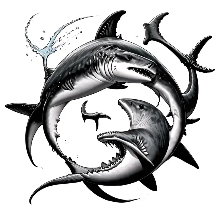 A whale shark and a hammer head shark like chasing eachother in a yin yang kinda design  tattoo design idea