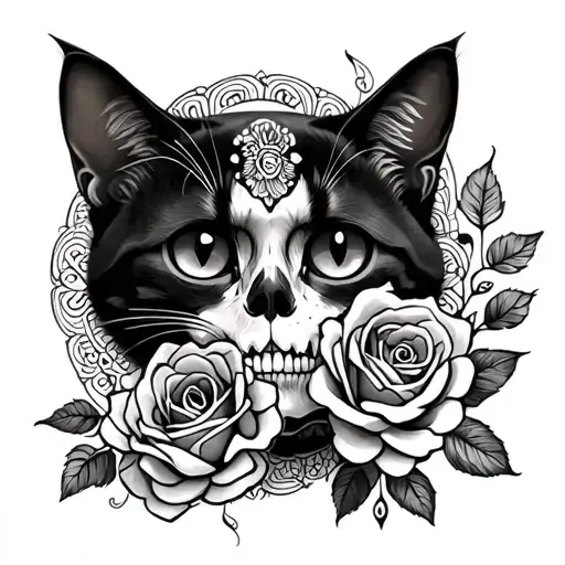 cats roses skull mandala oriental tattoo design idea