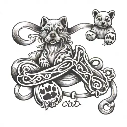 infinity tattoo with 3 paw prints with the names waffles, butter, and toast tattoo design idea