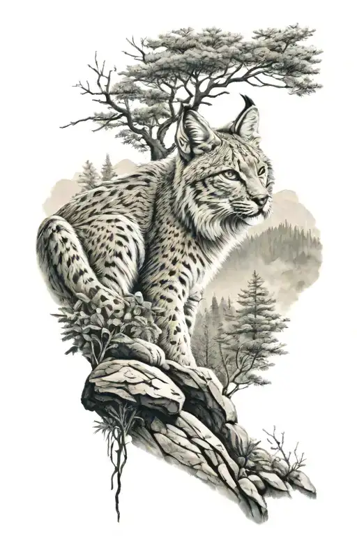 lynx full body with mountain forest landscape tattoo design idea