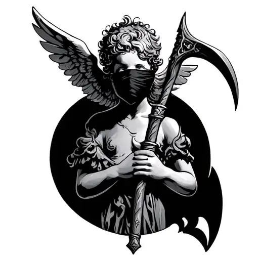 cherub blindfold holding scythe  tattoo design idea
