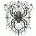 An abstract representation of a spider intertwined with cybersigilism symbols on a fence tattoo design idea