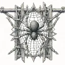 An abstract representation of a spider intertwined with cybersigilism symbols on a fence tattoo design idea