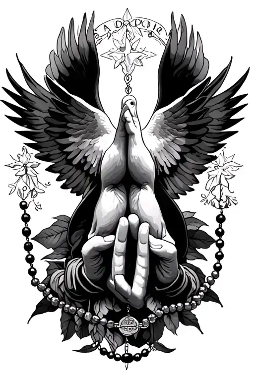 praying hands with a rosary, dove tattoo design idea