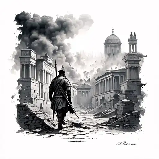 burning roman city with soldier walks away  tattoo design idea